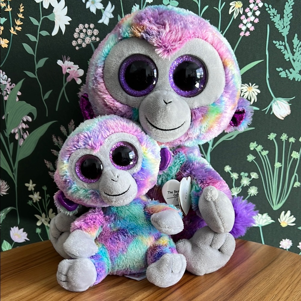 TY silk Zuri the monkey, multicolor Mama & Baby beanie plush set!! 2018 tie dye!